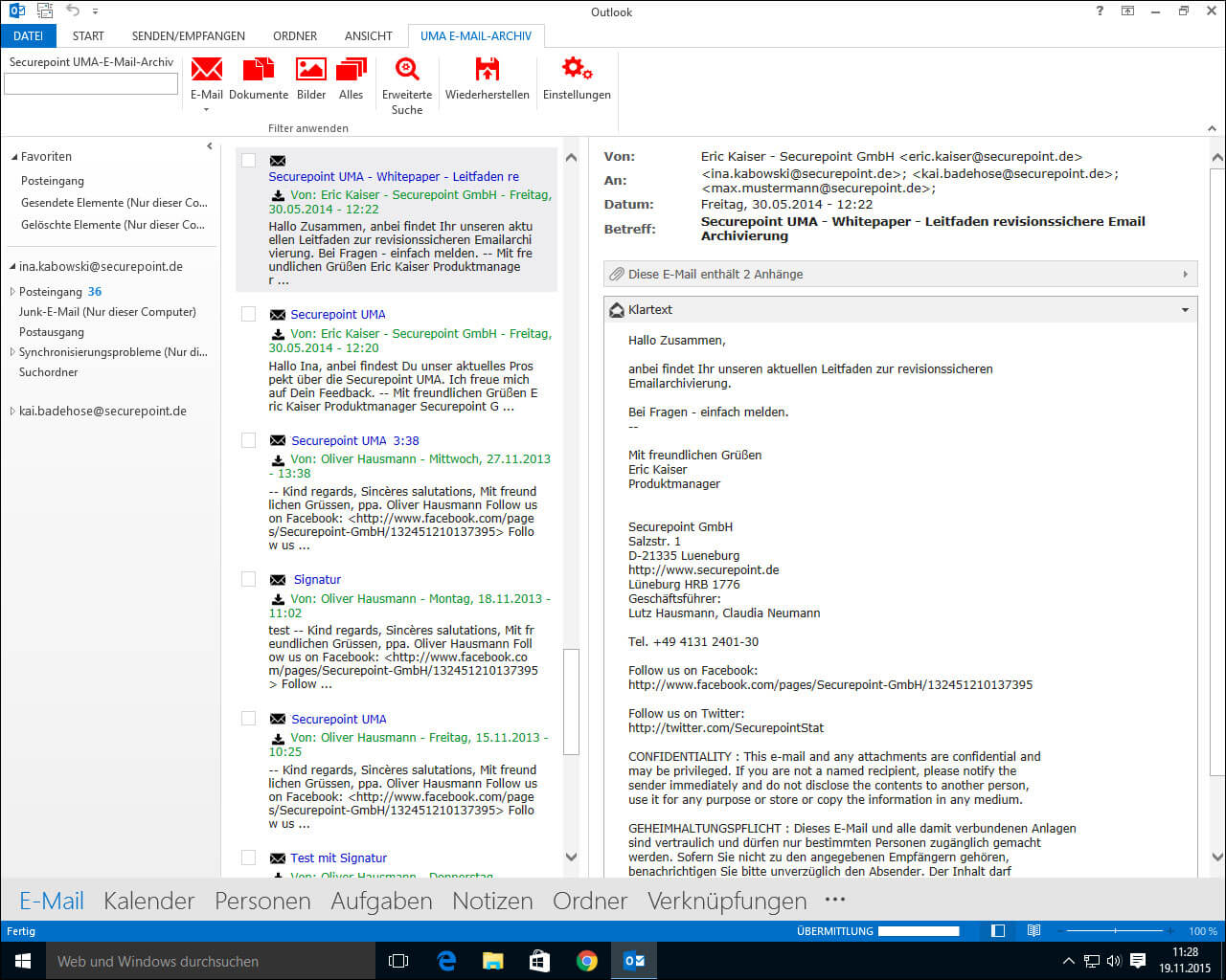 UMA Outlook Plugin Screenshot